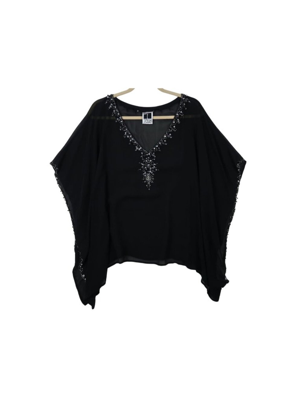 VTG Tadashi Shoji M Womens Silk Beaded Black Sheer Cape Poncho Top Elegant